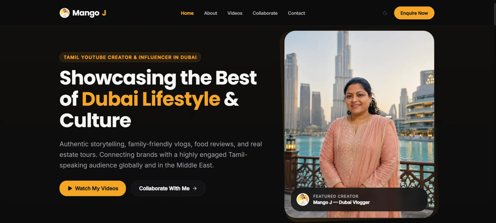Mango J website — built by Safr Labs for Dubai content creator